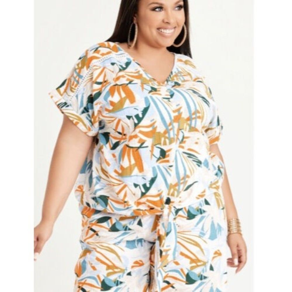 Ashley Stewart Womens Tropical Tie Front Cap Sleeve Top Plus Size 18/20 NWT Gauz